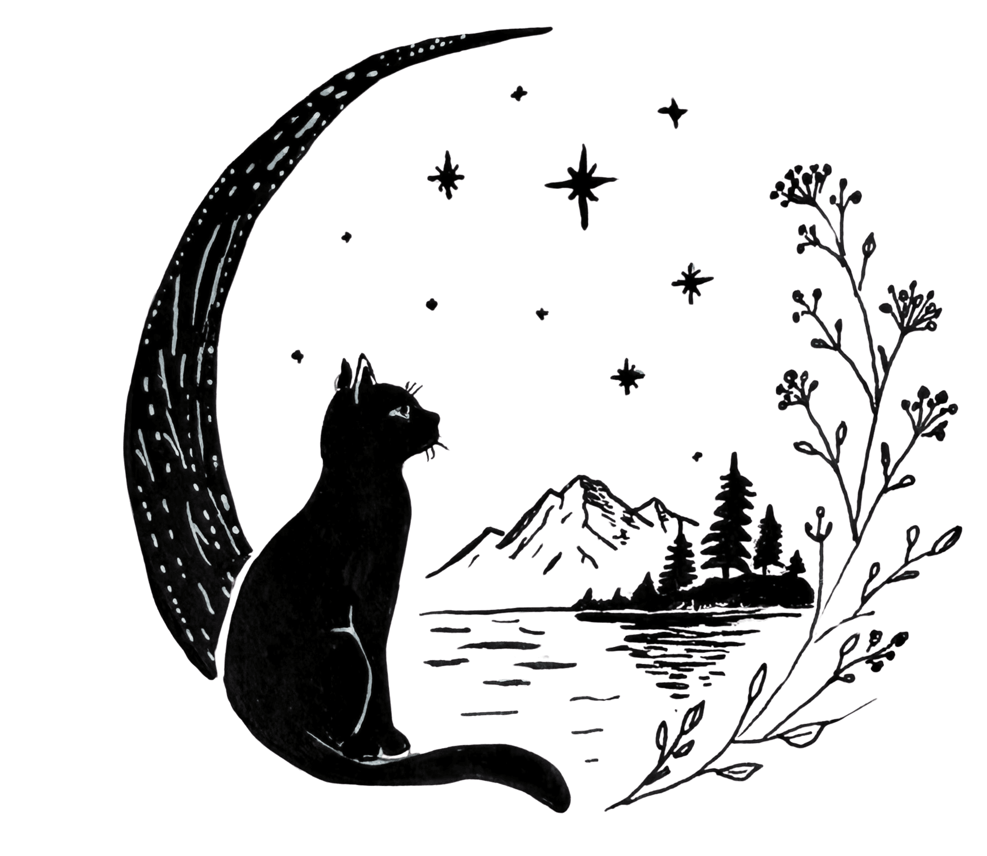 A black cat gazing at a crescent moon over a mountain lake, framed by wildflowers.